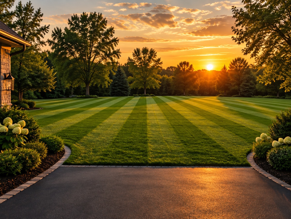 Striped lawn from the driveway