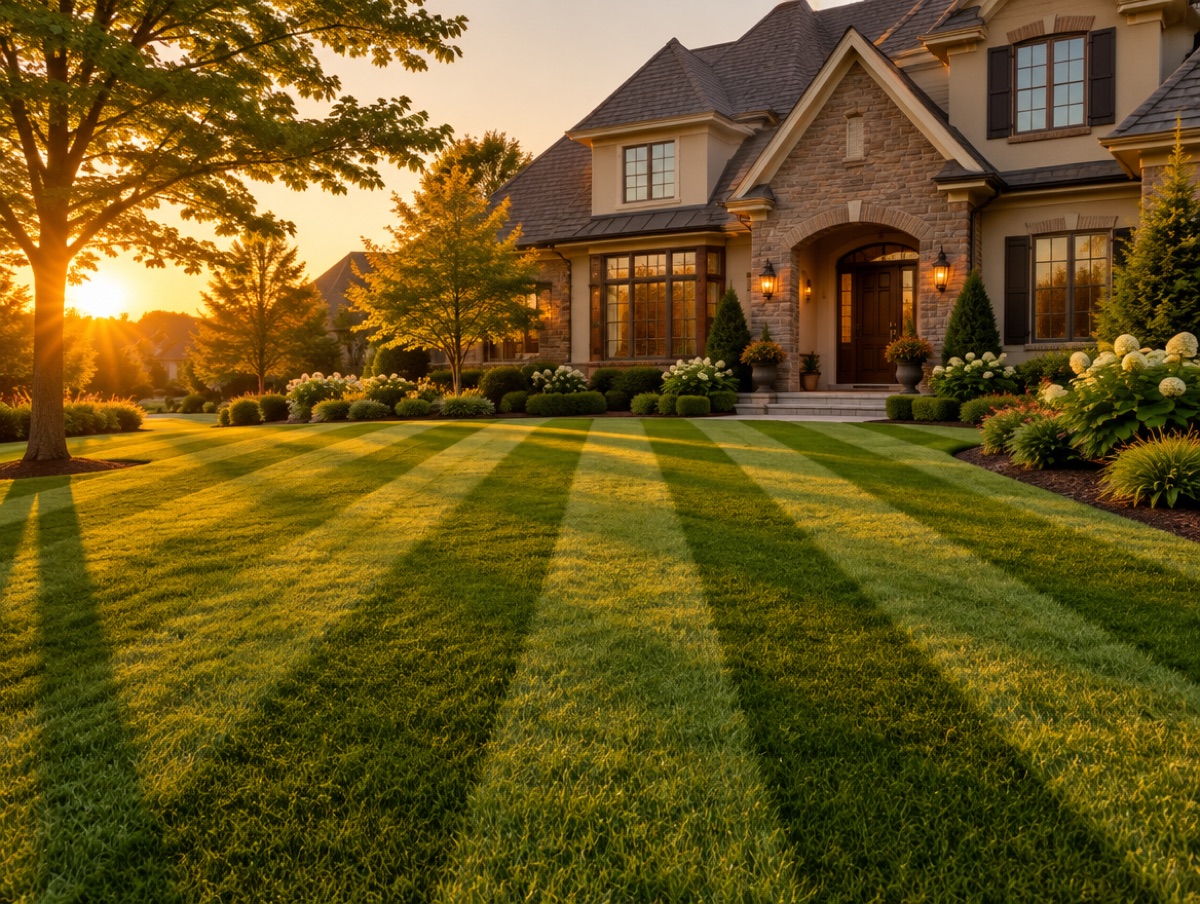 A finished striped lawn at golden hour